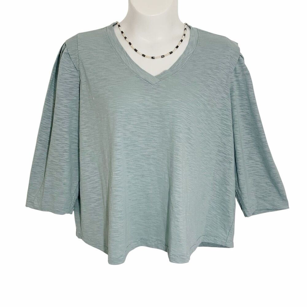 Democracy Blouse Top Womens Size 3X Teal Green 3/4 Sleeve V-Neck Knit